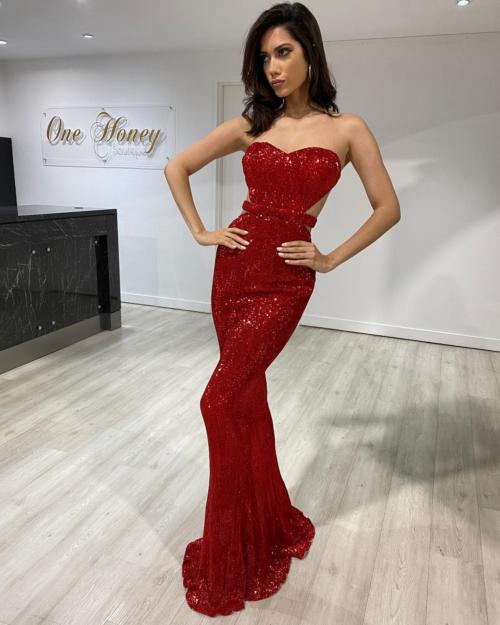 Honey Couture ELISE Red Sequin Low Back 